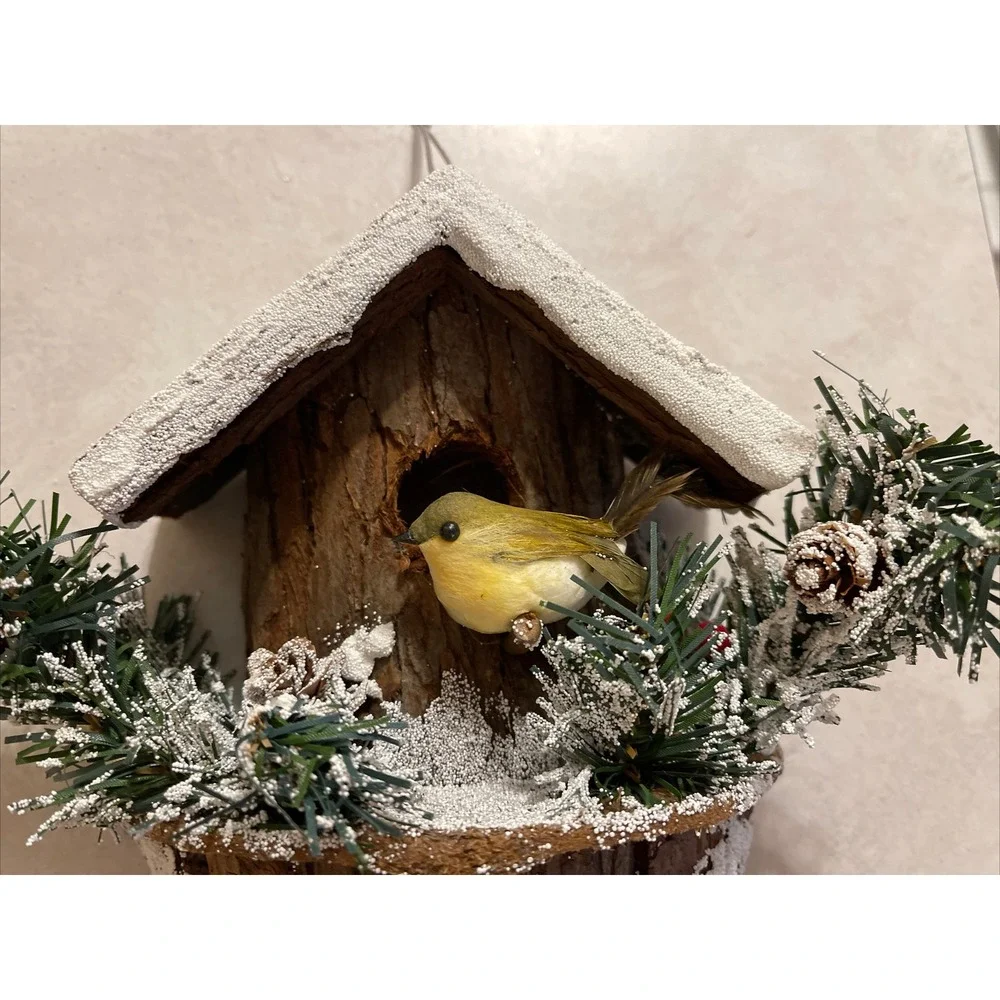 Vintage Handmade Rustic Winter Bird Hanging House Snow Pine cones